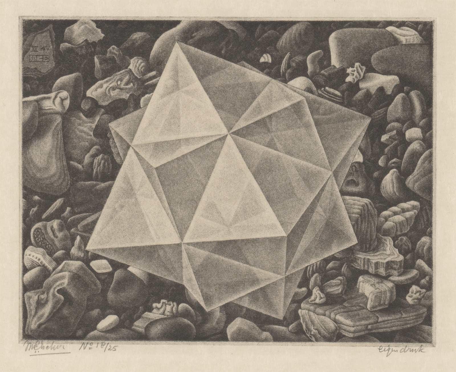 M.C. Escher, Crystal, mezzotint, December 1947