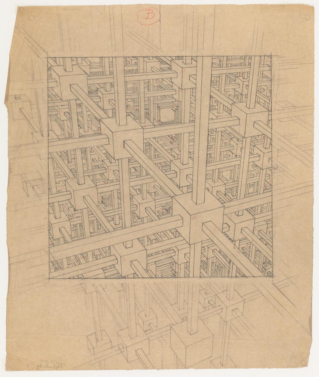 Tekening voor Kubische ruimteverdeling, november 1952