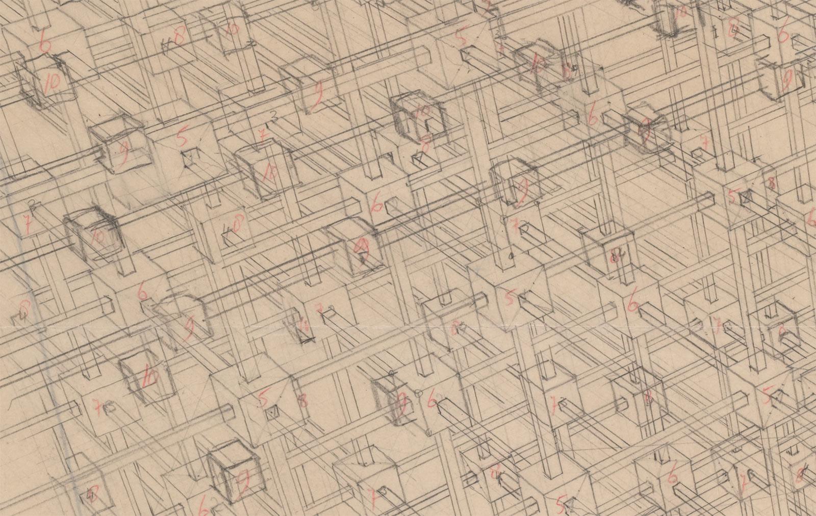 Tekening voor Kubische ruimteverdeling (detail), november 1952