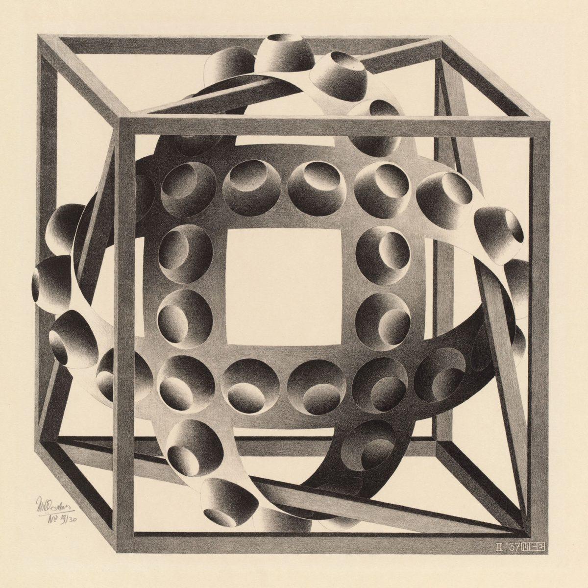 M.C. Escher, Kubus met banden, litho, februari 1957
