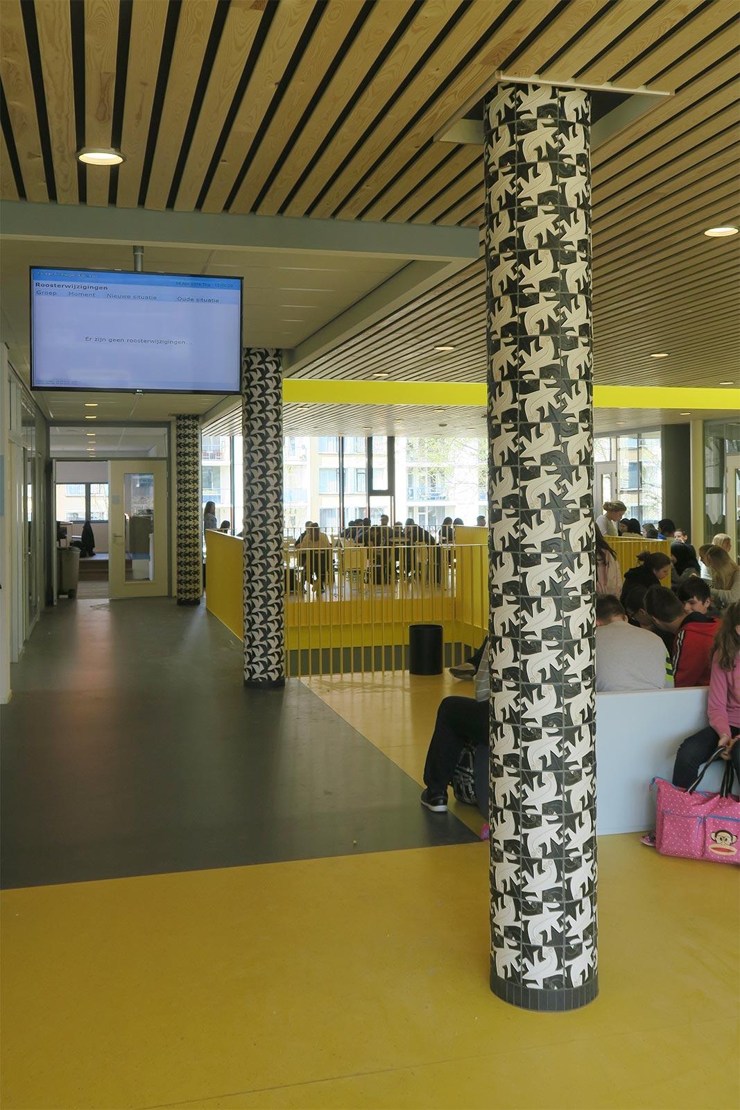 Tile columns of Escher's design, Maris College in The Hague, 2016. Photo: Armand Kooning