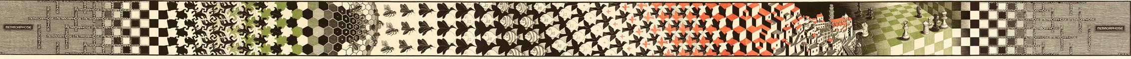 M.C. Escher, Metamorphose II, houtsnede in zwart, groen en bruin, gedrukt van twintig blokken op drie aan elkaar gemonteerde vellen, nov 1939 - maart 1940