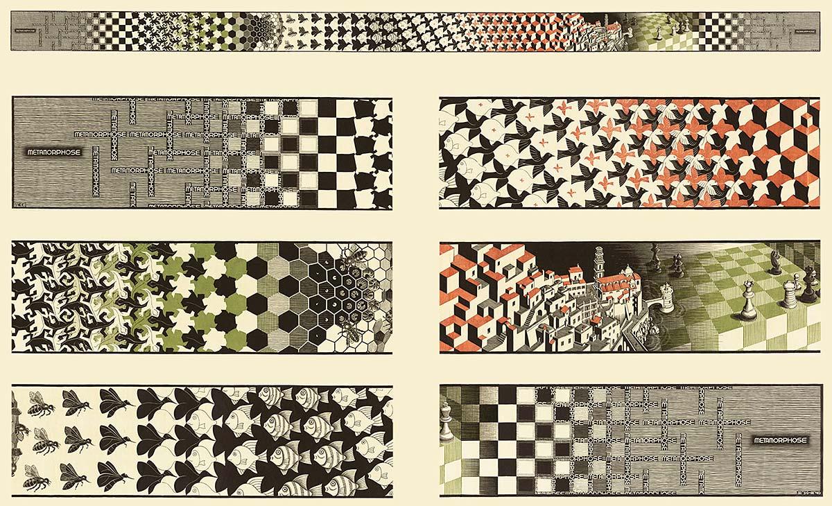 M.C. Escher, Metamorphosis II, woodcut in black, green and brown, printed from twenty blocks, on three combined sheets, November 1939 - March 1940