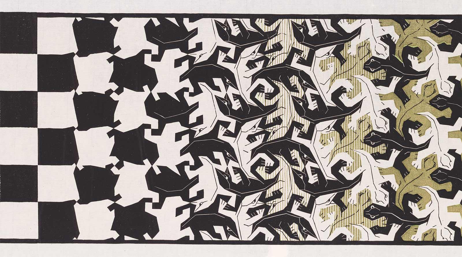 M.C. Escher, Metamorphosis II, woodcut in black, green and brown, printed from twenty blocks on three combined sheets, November 1939 - March 1940 (detail)