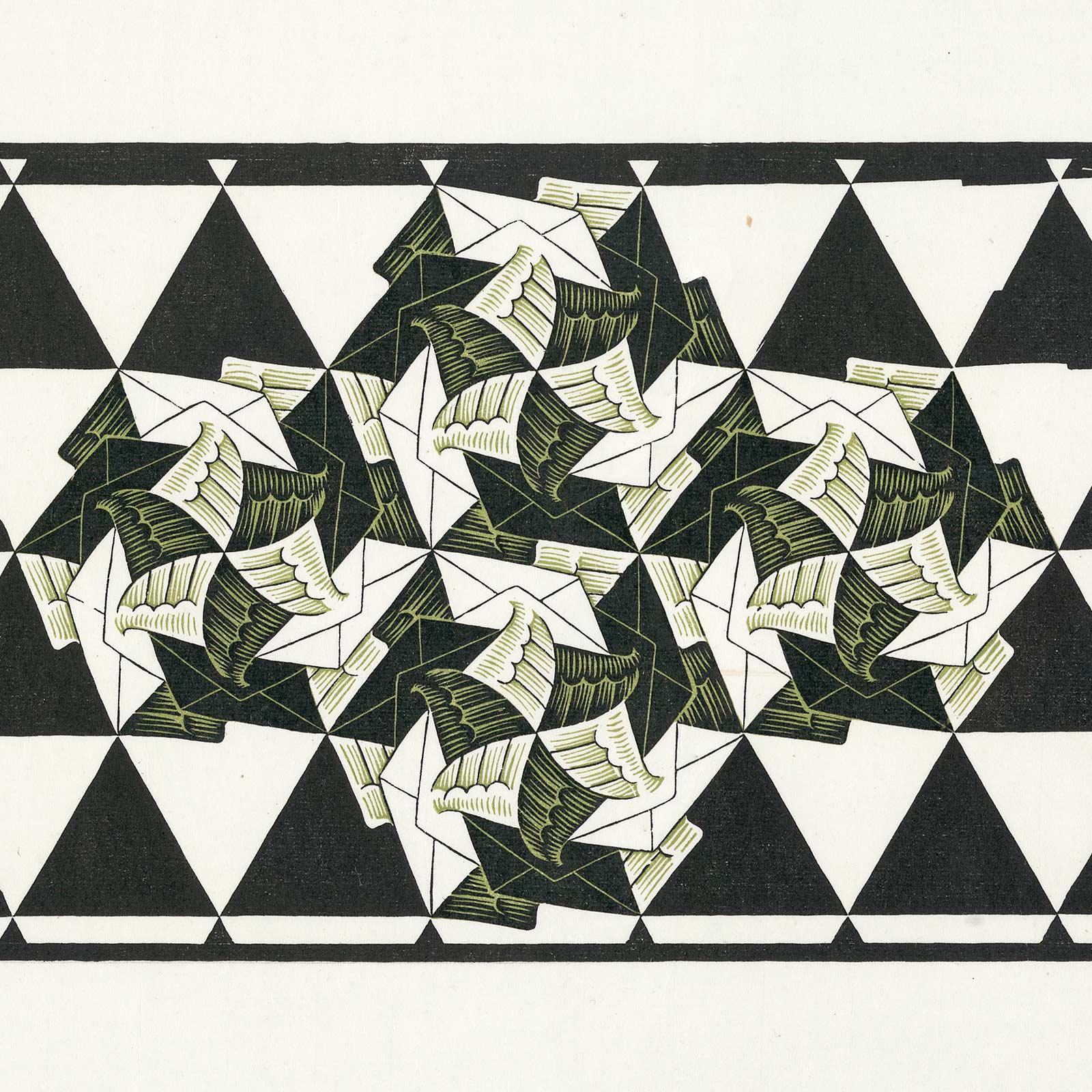 M.C. Escher, Metamorphose III, houtsnede, 1967-1968. Detail met enveloppen