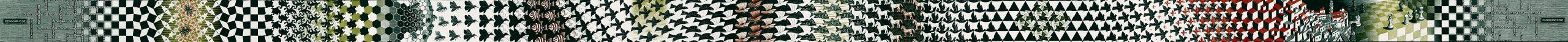 M.C. Escher, Metamorphosis III, woodcut in black, green and reddish brown, printed from thirty-three blocks on six combined sheets, mounted on canvas, partly coloured by hand, 1967-1968