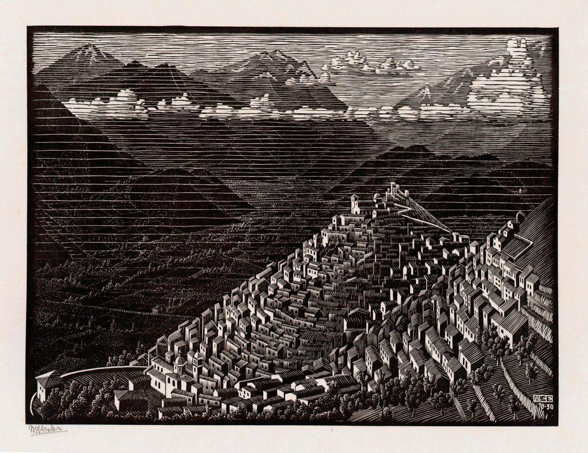 M.C. Escher, Morano, Calabria, woodcut, October 1930
