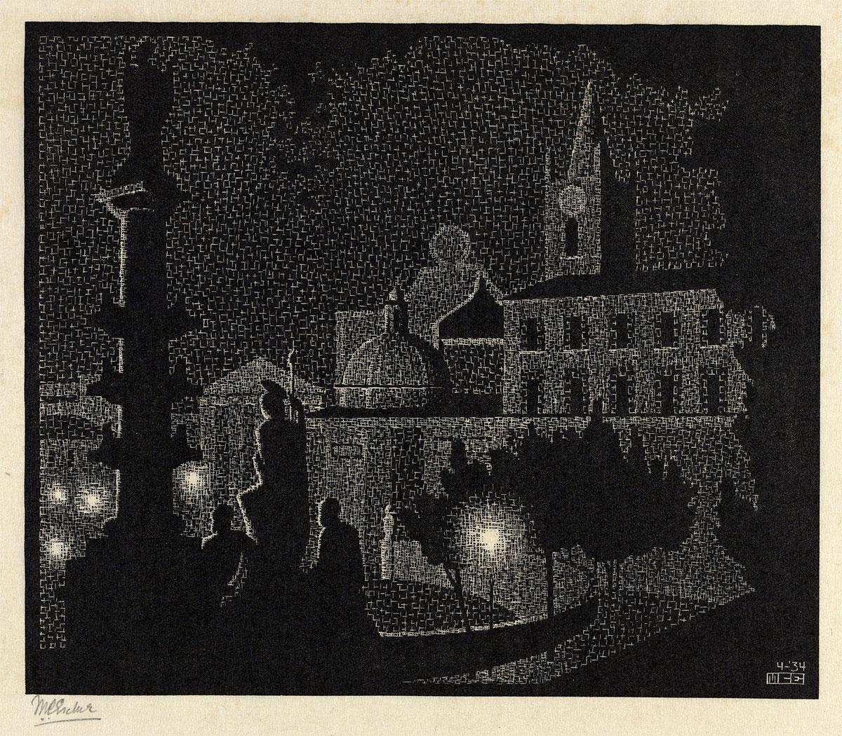 Nachtelijk Rome: Santa Maria del Popolo (Piazza del Popolo), houtsnede, april 1934