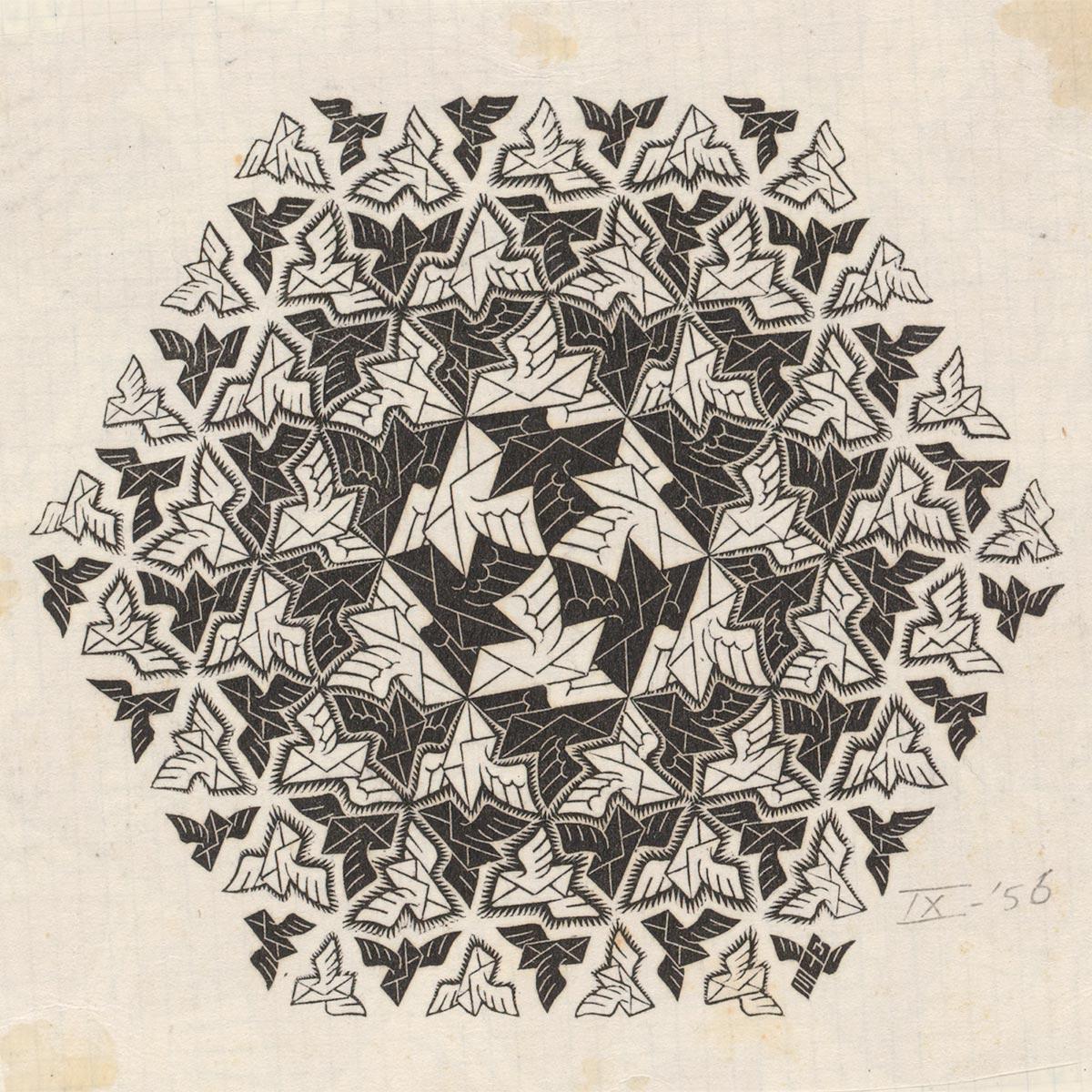 M.C. Escher, New Year's card PTT, wood engraving, September 1956