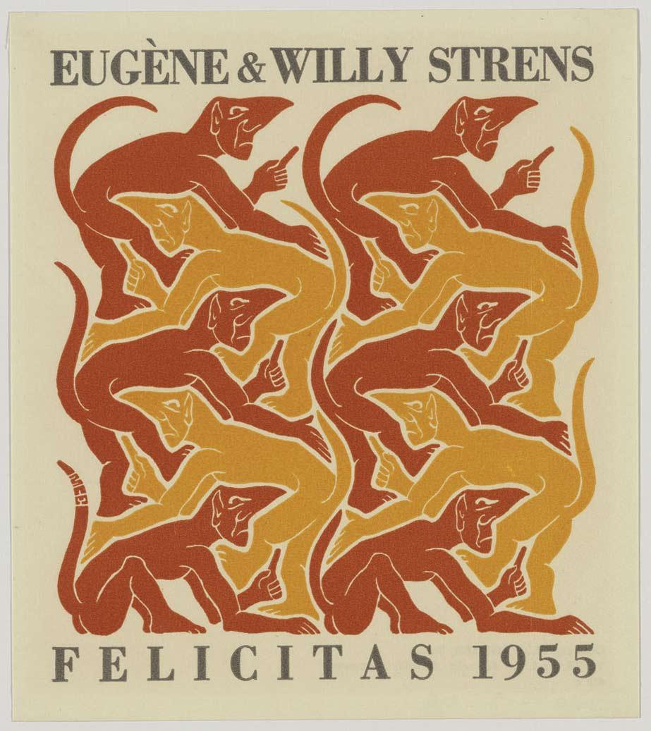 M.C. Escher, Fire (New Year's greeting-card 1955), woodcut in yellow and orange, printed from two blocks, with letterpress in grey, October 1952