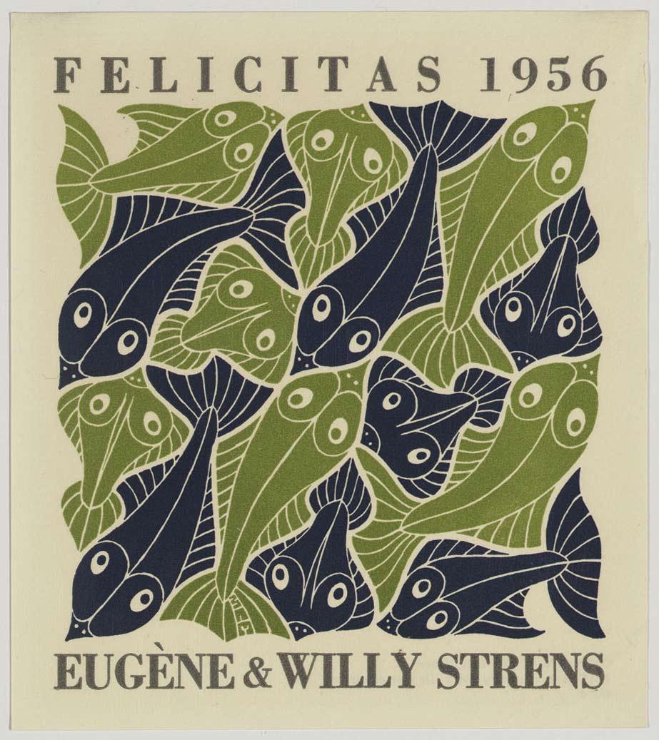 M.C. Escher, Water (New Year's greeting-card 1956), woodcut in green and blue, printed from two blocks, with letterpress in grey, October 1952