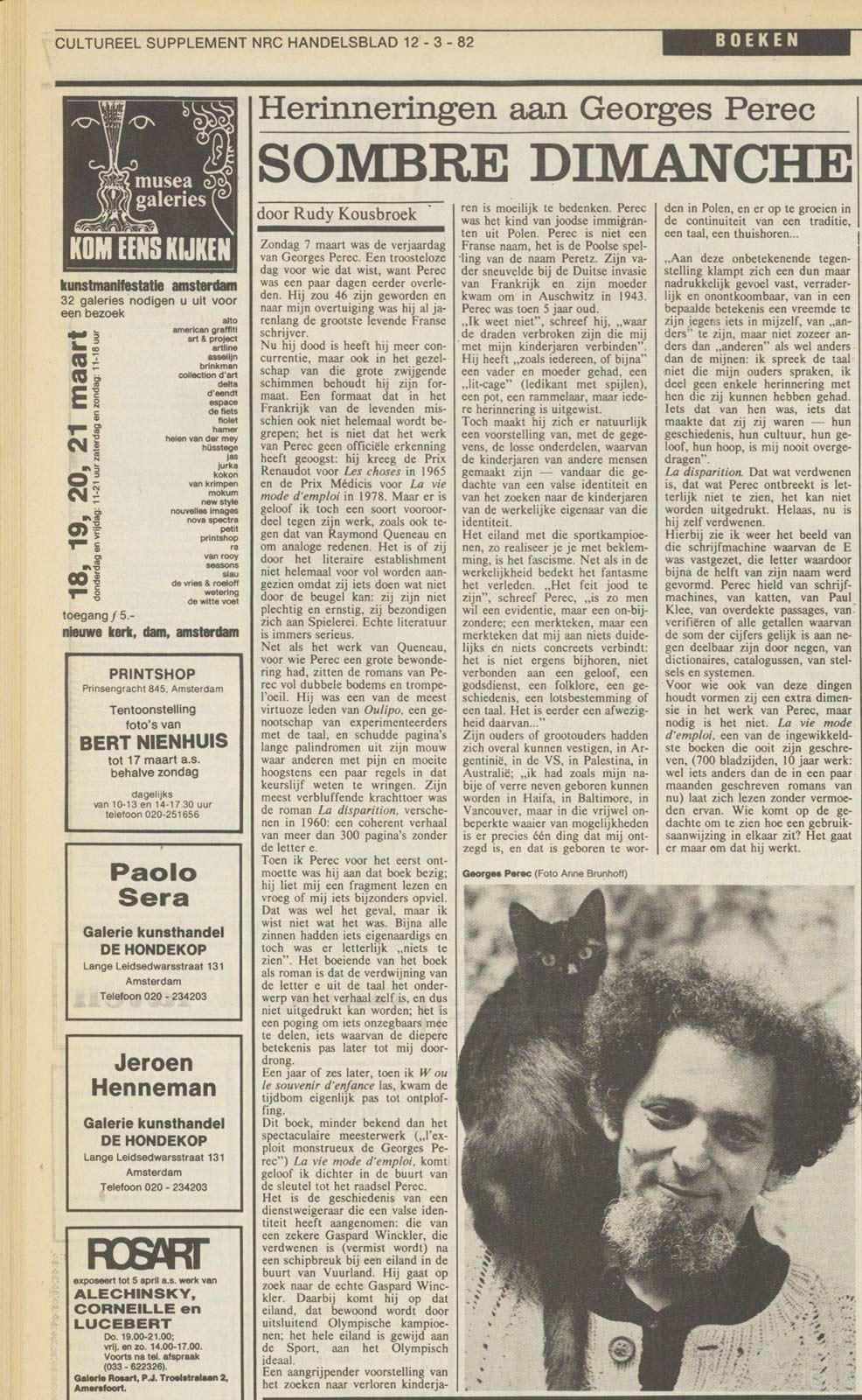 Dutch newspaper 'NRC', 12 March 1982. Rudy Kousbroek remembers Georges Perec, who died a few days before.