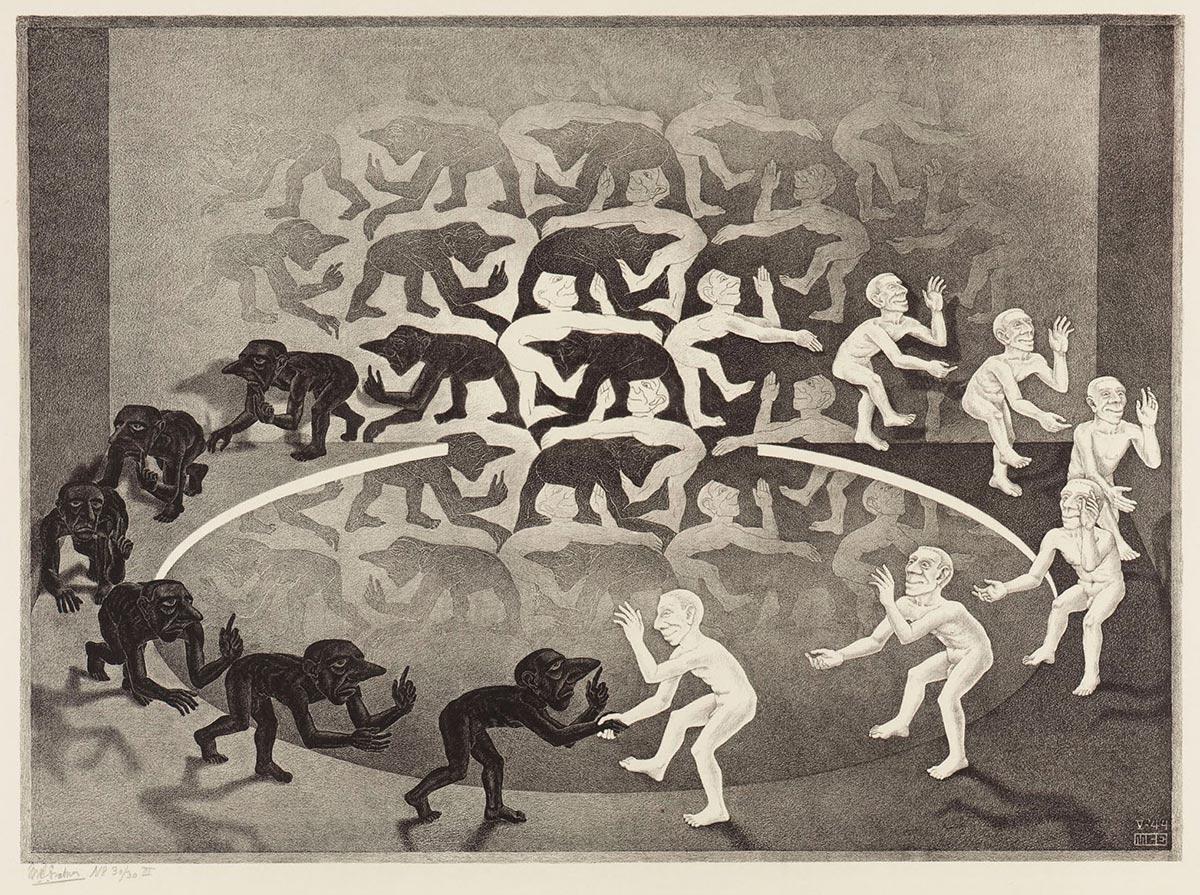M.C. Escher, Encounter, lithograph, May 1944