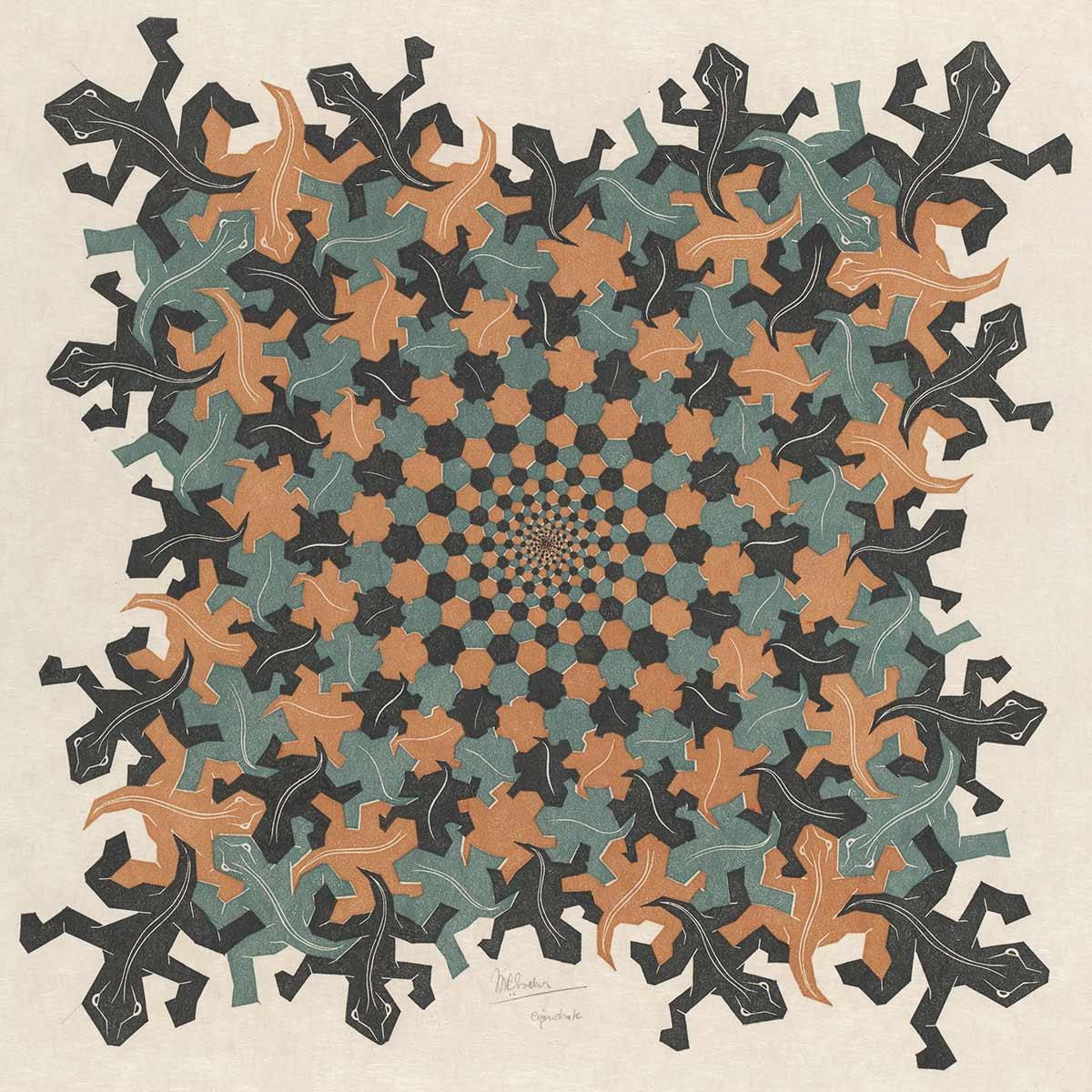 M.C. Escher, Ontwikkeling II, houtsnede in bruin, grijsgroen en zwart, gedrukt van drie blokken, februari 1939