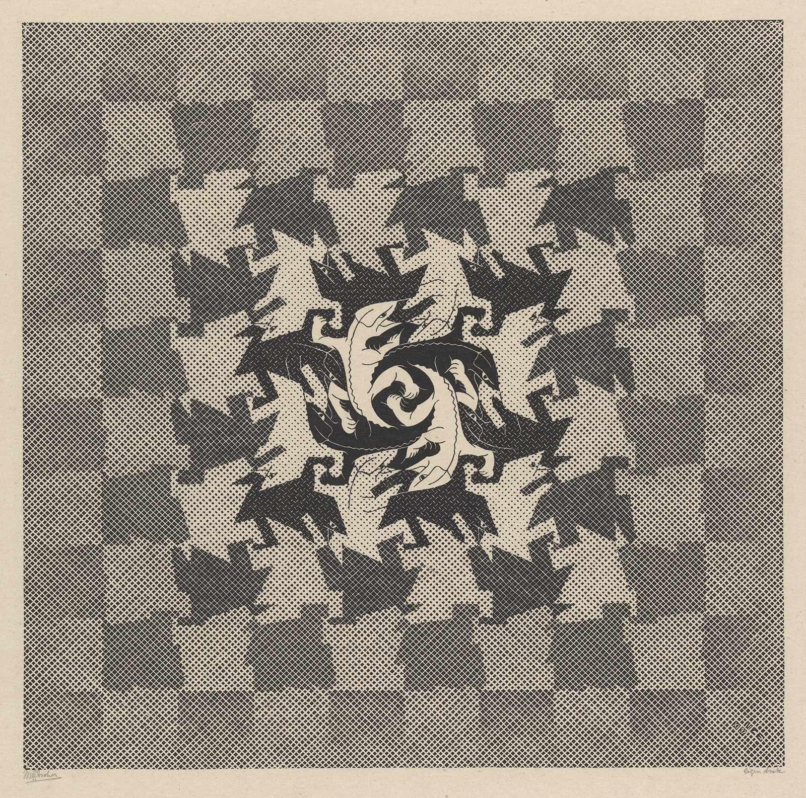 <p>M.C. Escher, <em>Development I</em>, woodcut, November 1937</p>
