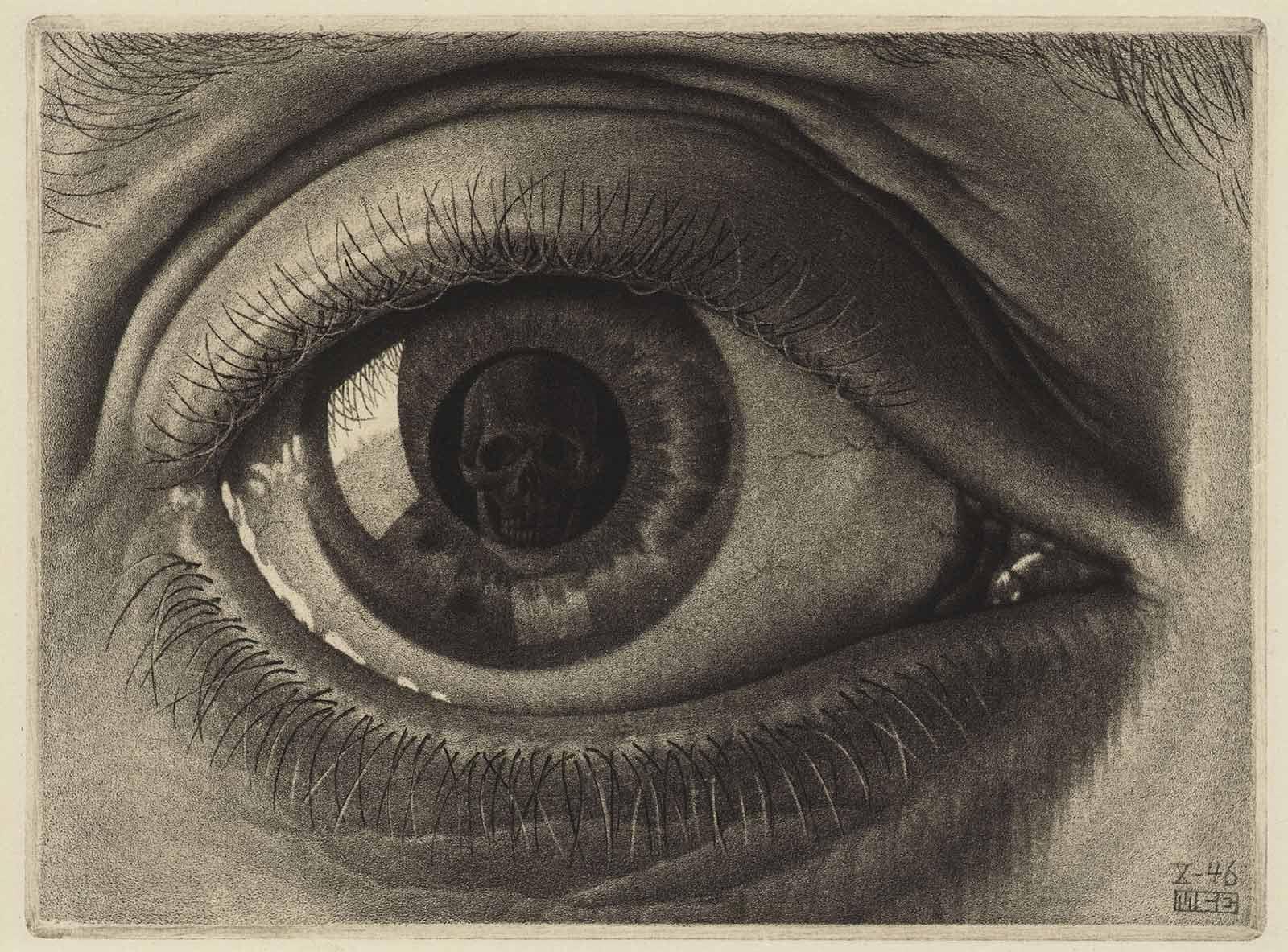 <p>M.C. Escher, Auge (siebter und endgültiger Abdruck), Mezzotinto, Oktober 1946</p>
