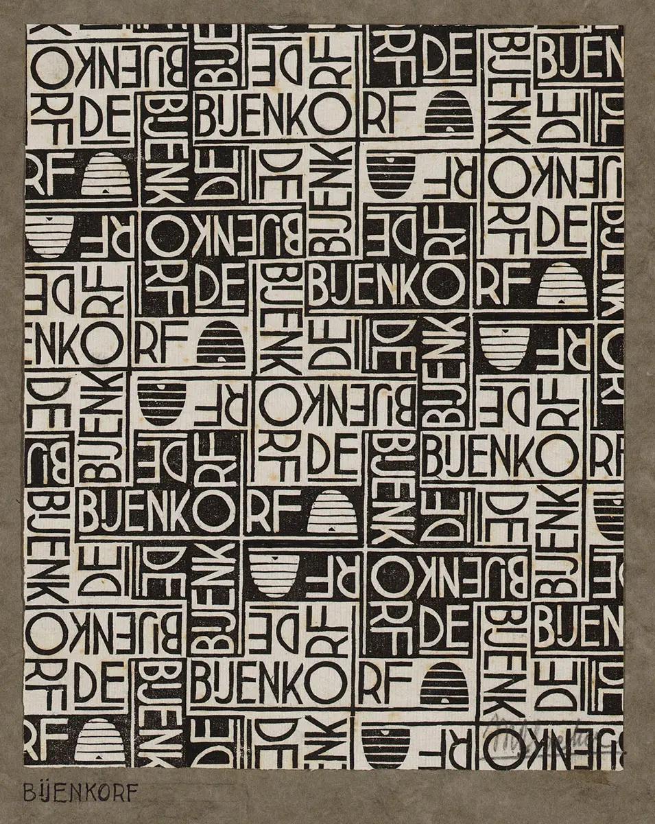 <p>Figure 1. M.C. Escher, design for wrapping-paper: De Bijenkorf, woodcut, September 1933</p>