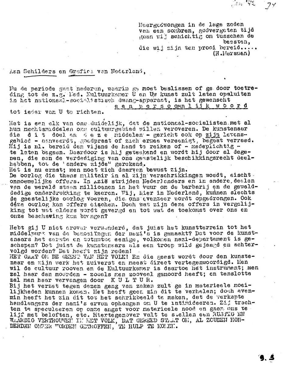 Dutch pamflet in which artists are called upon to refuse membership. Collection NIOD (Institute for War, Holocaust and Genocide Studies)