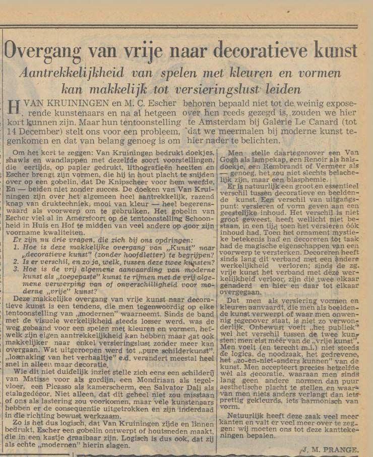 Dutch newspaper 'Het Parool' from 25 November 1950 in which, in particular, the 'decorative art' of the two exhibitors is critically examined.