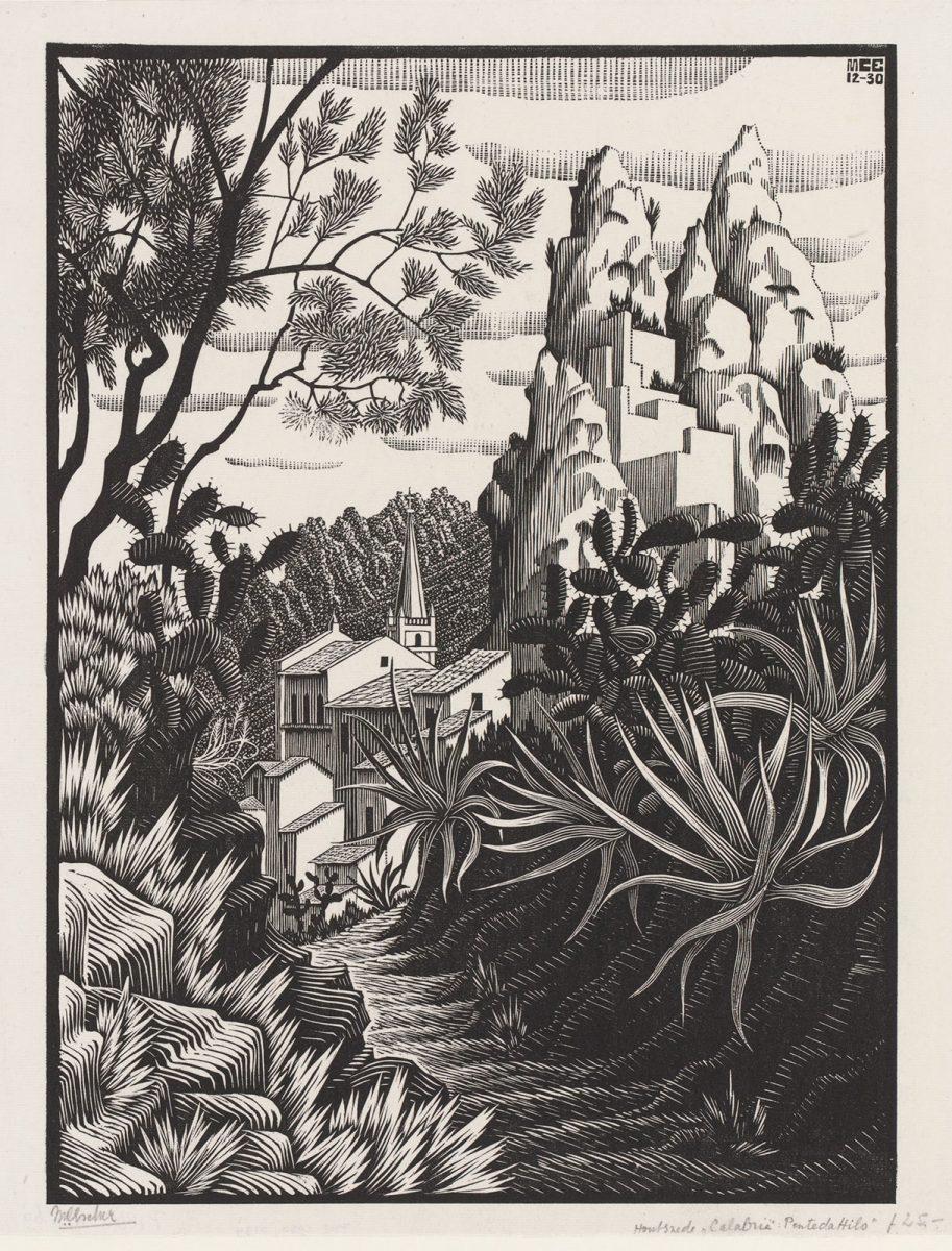 M.C. Escher, Pentedatillo, Calabria, woodcut, December 1930