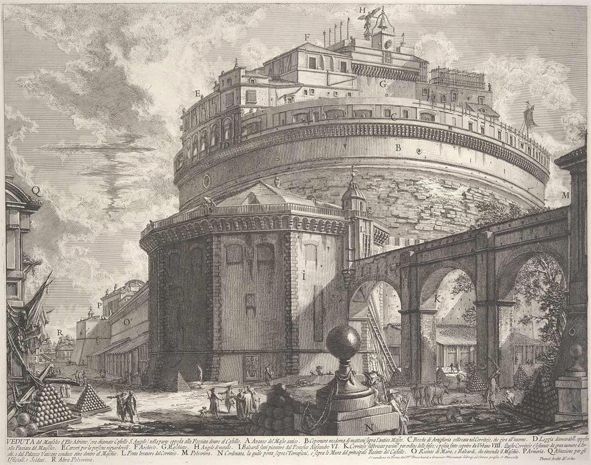 Giovanni Battista Piranesi, View of the Mausoleum of the Emperor Hadrian (now called Castel S. Angelo) from the rear, etching, ca. 1756
