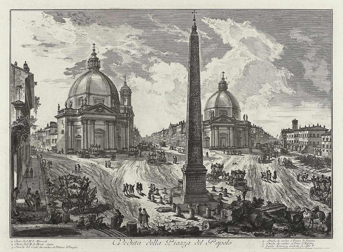 Giovanni Battista Piranesi, Veduta della Piazza del Popolo (The Piazza del Popolo), etching, ca. 1750-1758, via Wikimedia Commons