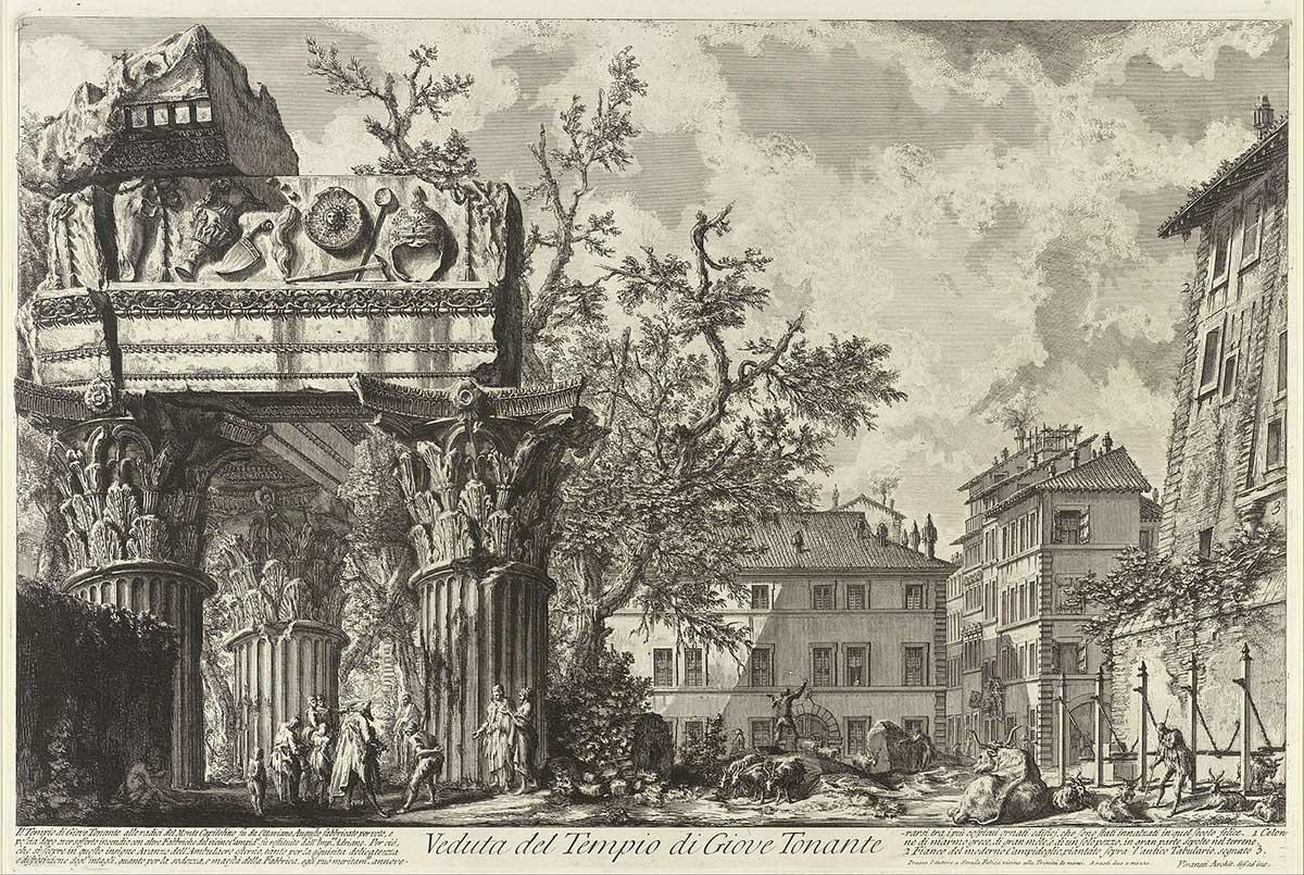 Giovanni Battista Piranesi, Veduta del Tempio di giove Tonante (Veduta with the Temple of Jove), ca. 1756, via Wikimedia Commons
