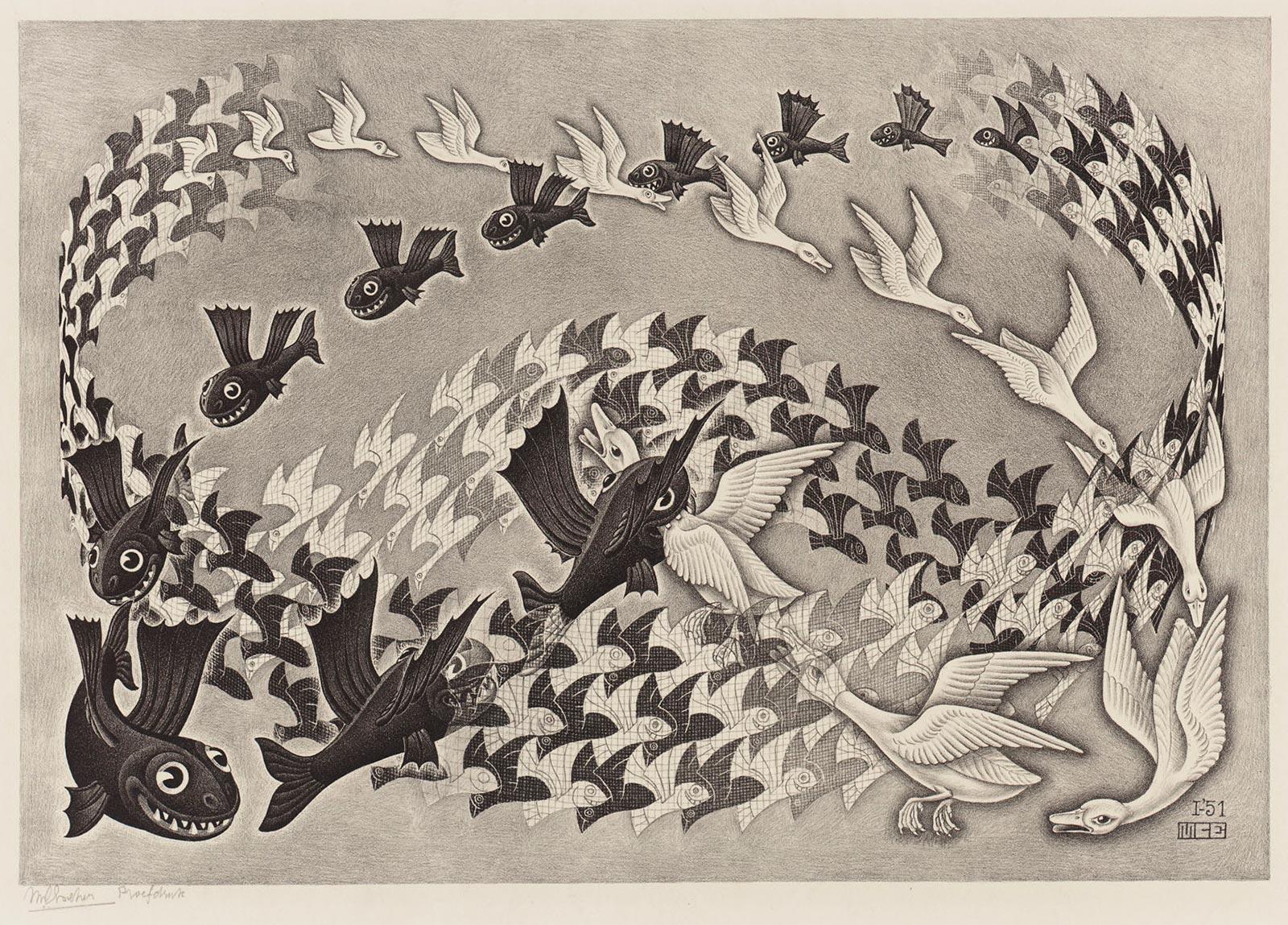 <p>M.C. Escher, <em>Predestinatie (Verkeerde wereld)</em>, litho, januari 1951</p>
