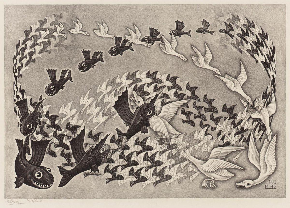 M.C. Escher, Predestinatie (Verkeerde wereld), litho, januari 1951