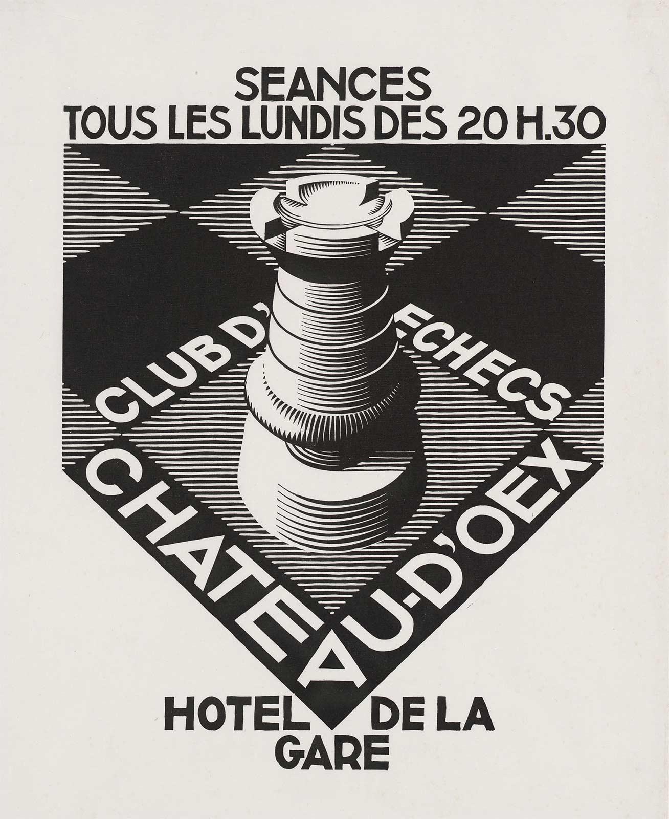M.C. Escher, Reclame Schaakclub Château-d’Oex, houtsnede, juli 1936