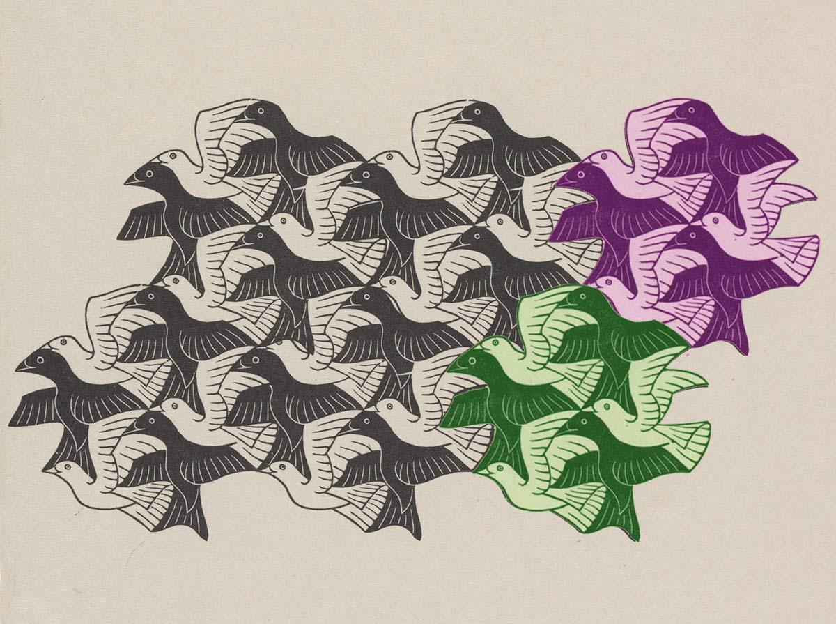 Regelmatige vlakverdeling met vogels, houtgravure, april 1949 (patroon verduidelijkt)