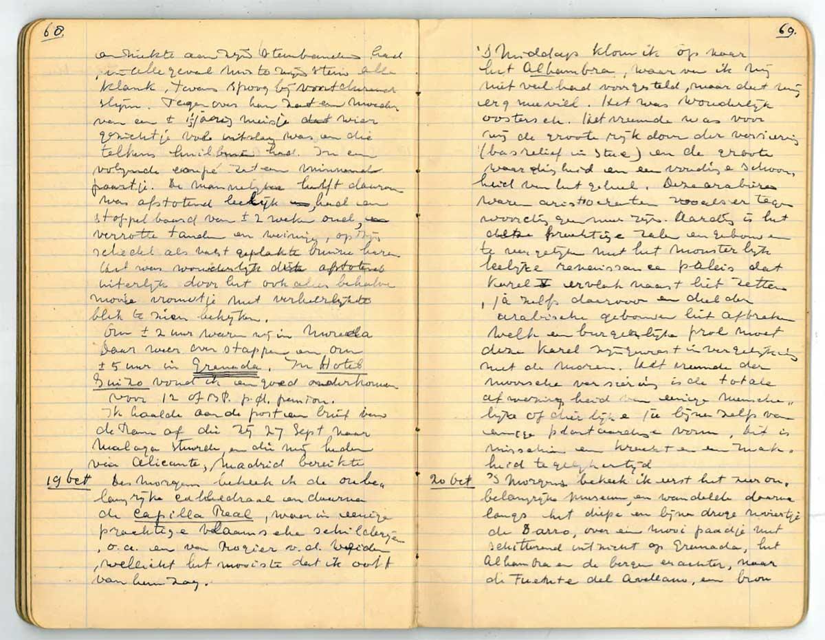 Eschers reisdagboek van 1922 met zijn bezoek aan Granada op 19 en 20 oktober.