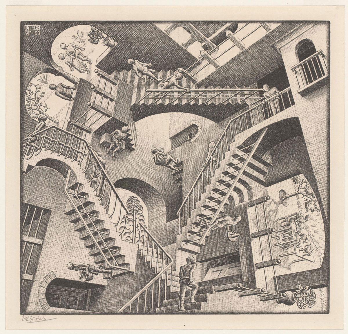 M.C. Escher, Relativität. Lithographie, Juli 1953