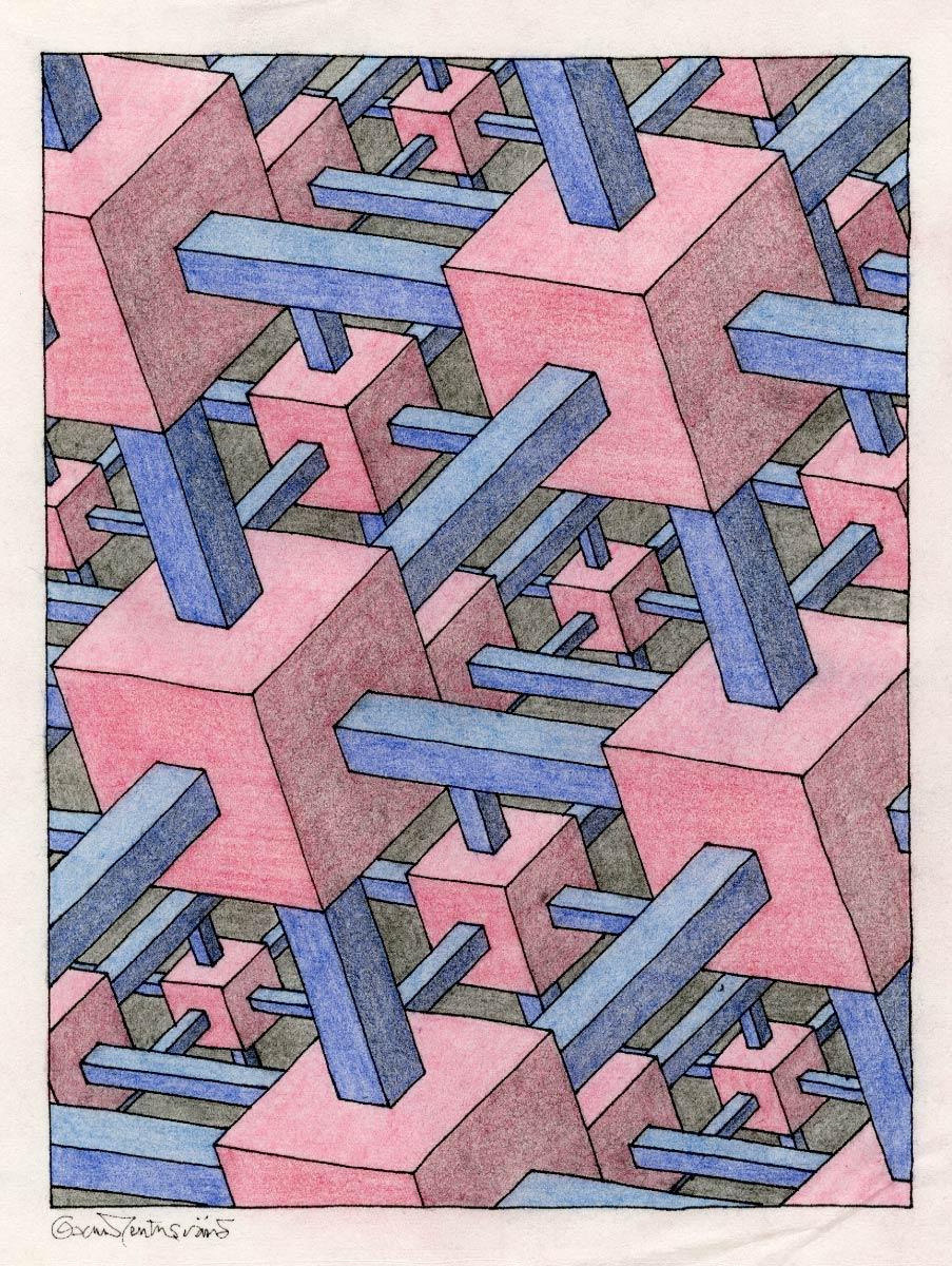 Oscar Reutersvärd, kubische ruimtevulling, ingekleurde pentekening. Deze tekening lijkt erg op de litho van Escher, maar de figuur van Reutersvärd is onmogelijk. Volgens het principe van de onmogelijke driehoek maken de voorliggende blokken geen contact m