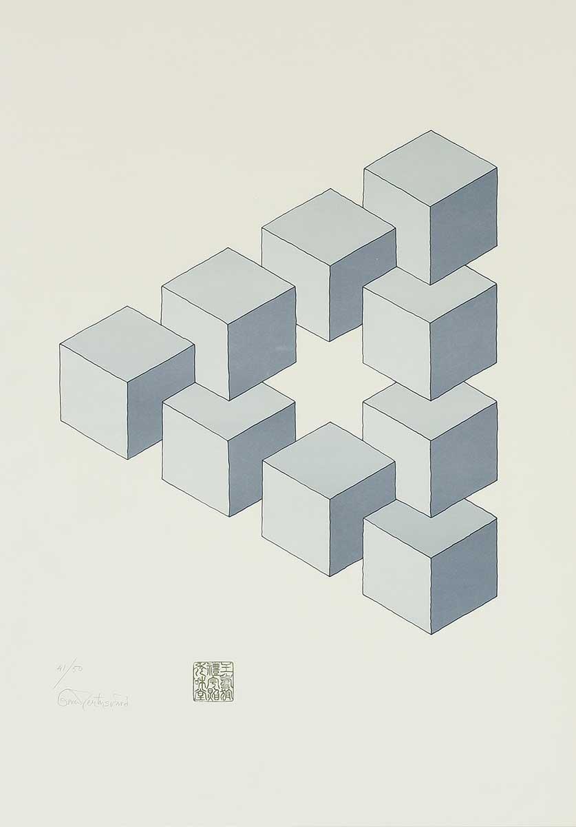 Oscar Reutersvärd, Opus 1, kleurenlitho. Dit is een heruitgave van de eerste onmogelijke figuur: de onmogelijke driehoek uit 1934