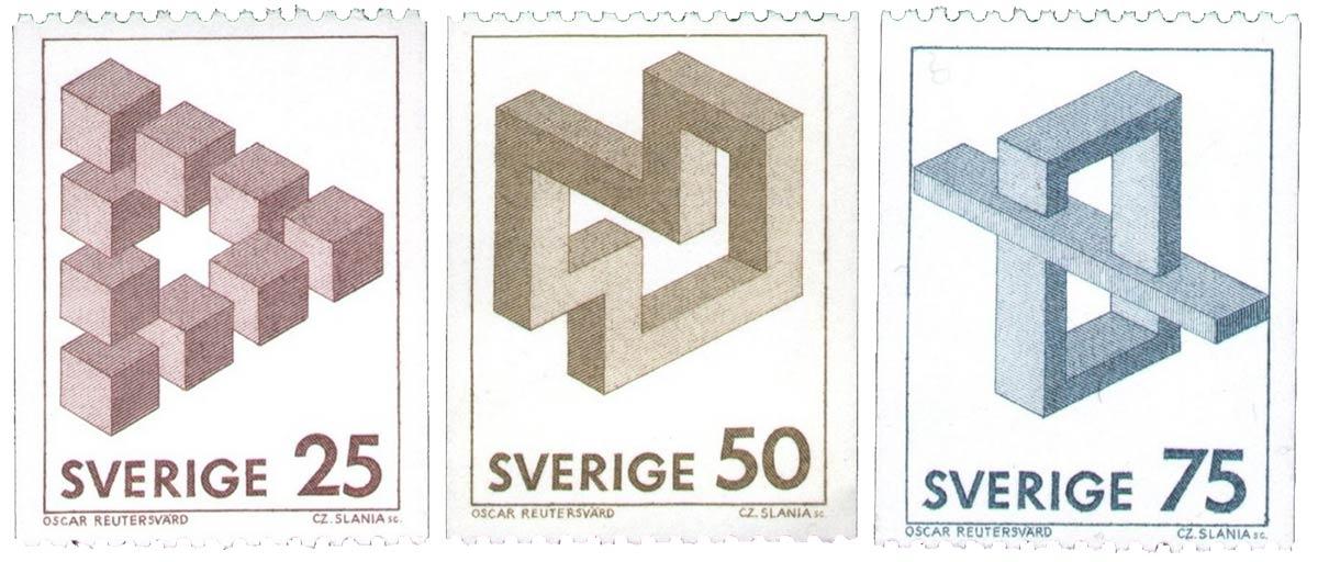 De serie van 3 postzegels met de onmogelijke figuren van Oscar Reutersvärd, 1982