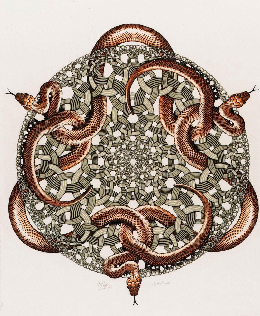 M.C. Escher, Serpientes, xilografía en naranja, verde y negro, impresa de tres bloques, julio 1969