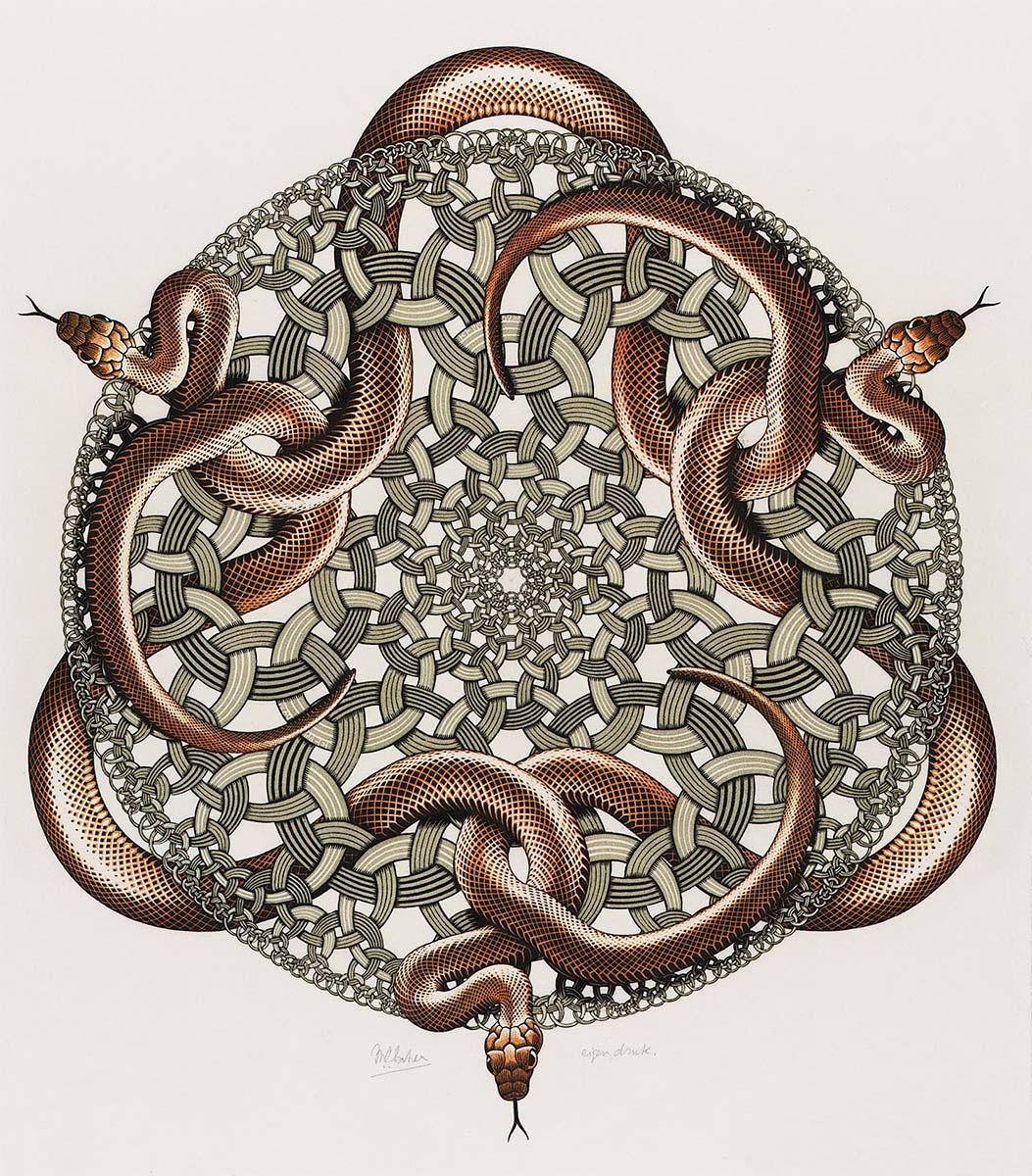 M.C. Escher, Snakes, woodcut in orange, green and black, printed from three blocks, July 1969