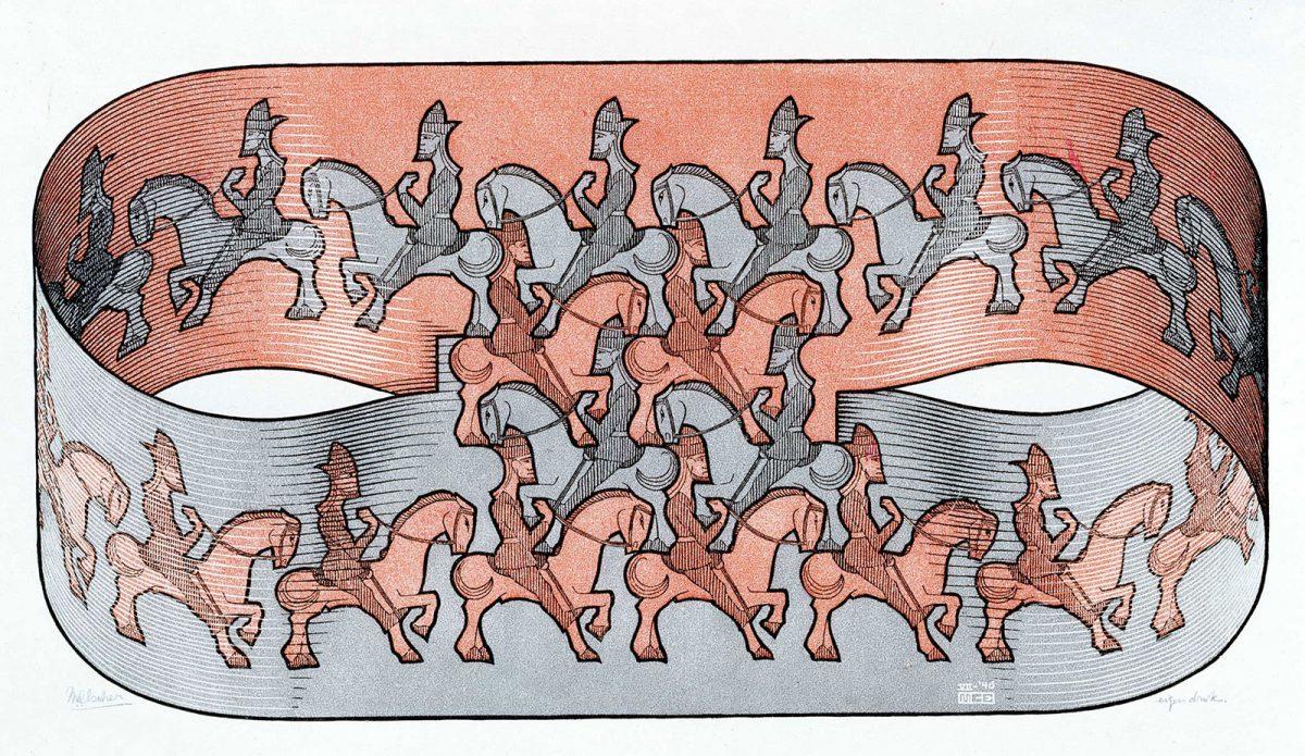 M.C. Escher, Ruiter, houtsnede in rood, zwart en grijs, gedrukt van drie blokken, juli 1946