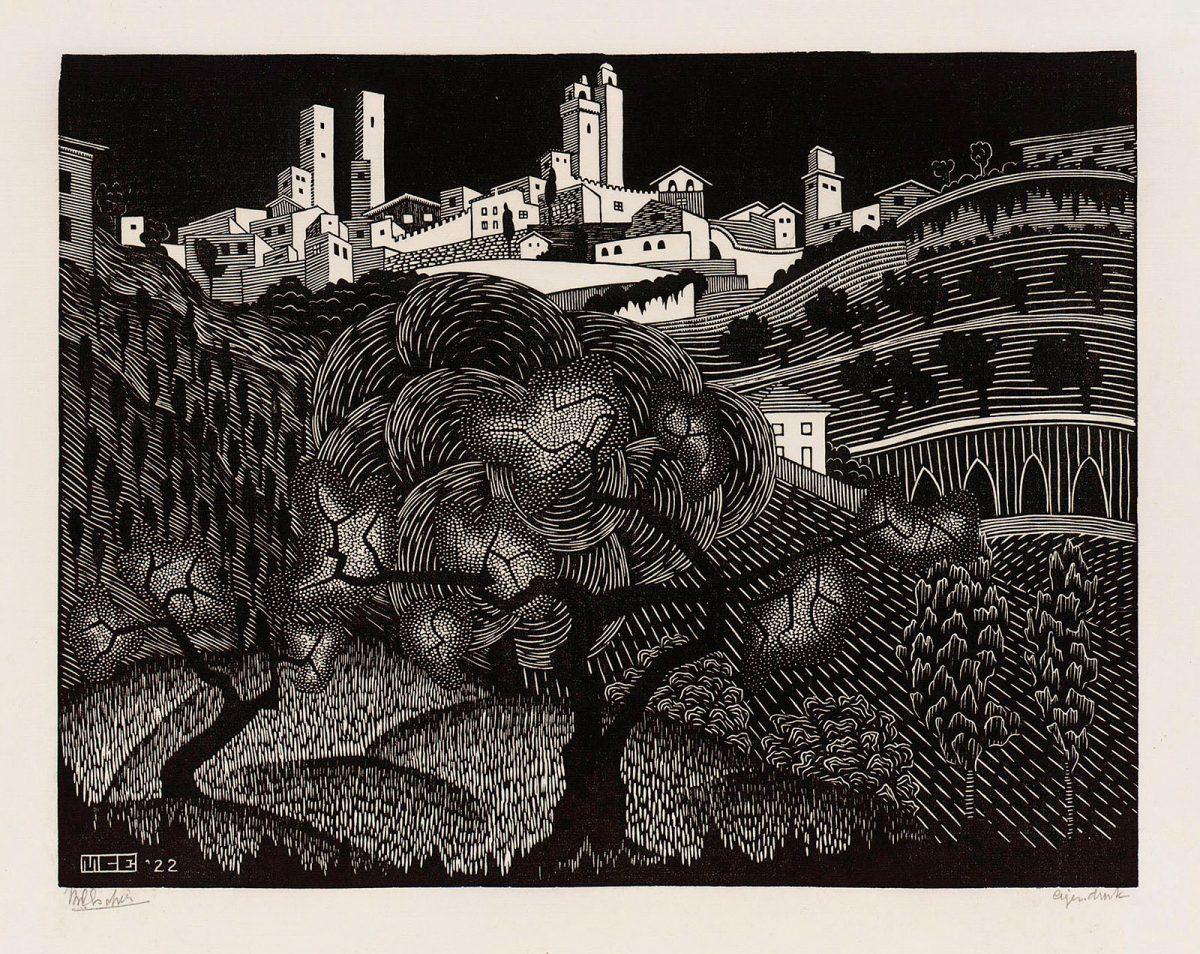 M.C. Escher, San Gimignano, woodcut, July 1922