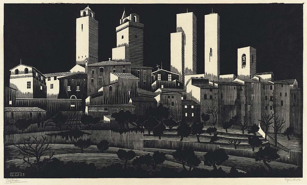 M.C. Escher, San Gimignano, houtsnede, januari-februari 1923