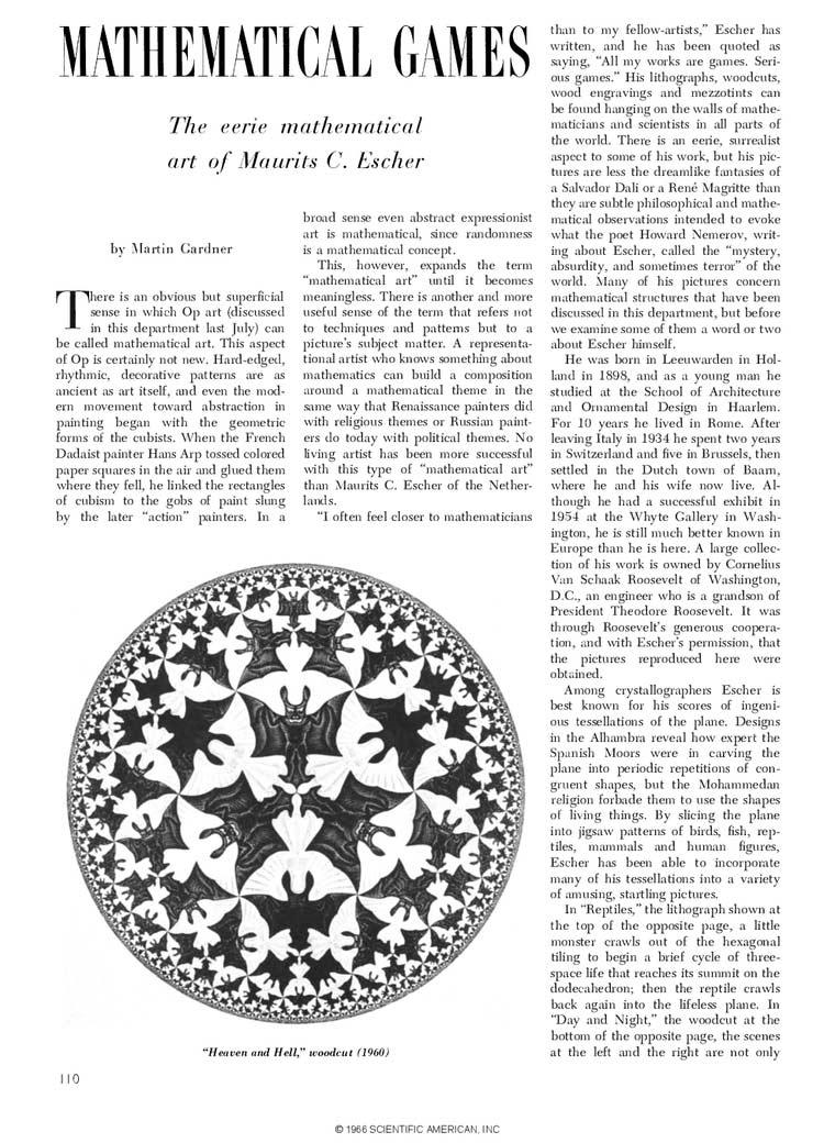 Scientific American, April 1966, with the column by Martin Gardner on Escher