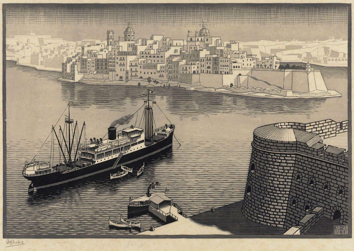 M.C. Escher, Senglea, Malta, houtsnede in zwart, grijs en grijsgroen, gedrukt van drie blokken, oktober 1935