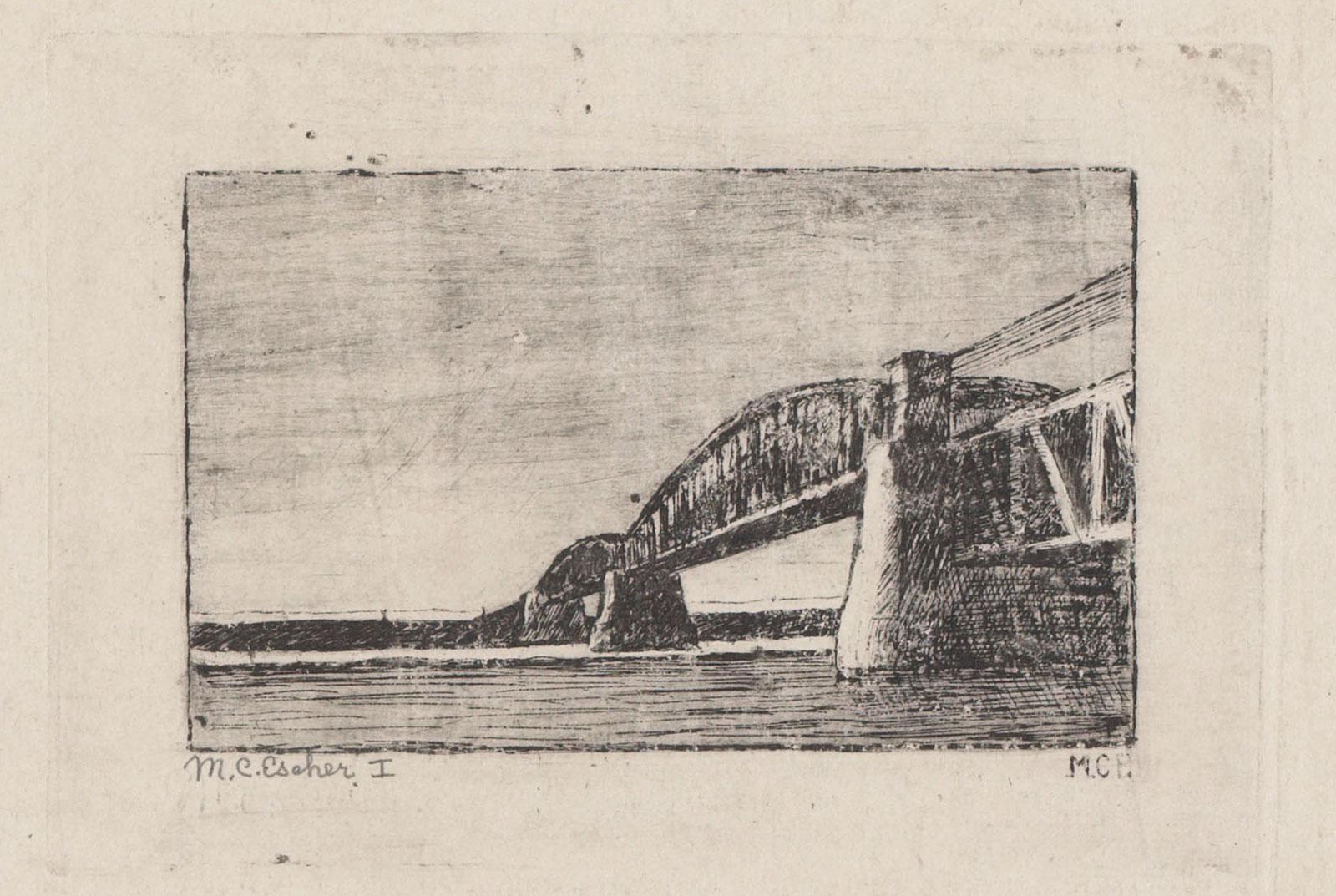 M.C. Escher, Railway bridge across the Rhine at Oosterbeek, etching (first state), 1917