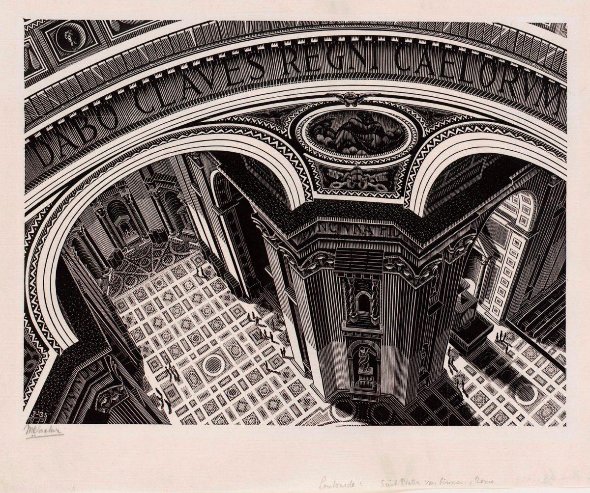 M.C. Escher, Inside St Peter's, woodcut, March 1935