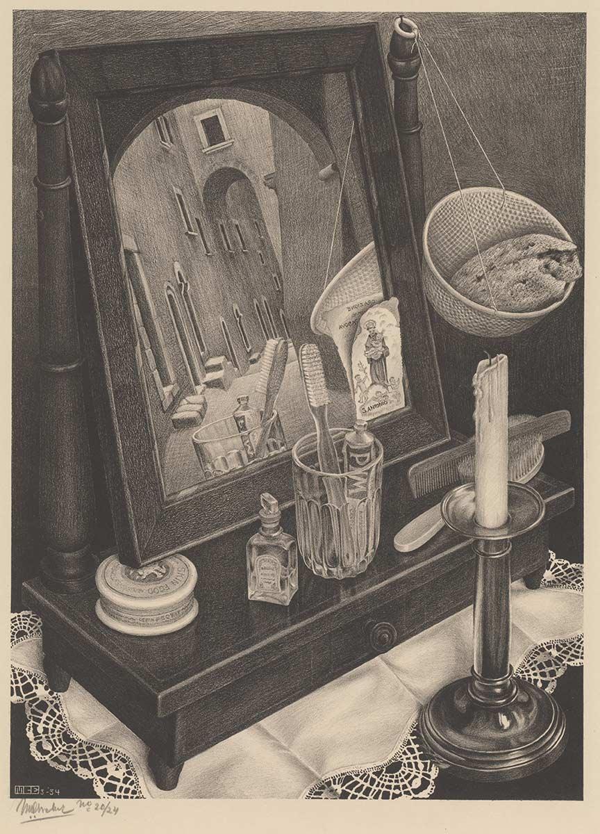 M.C. Escher, Stilleven met spiegel, litho, maart 1934