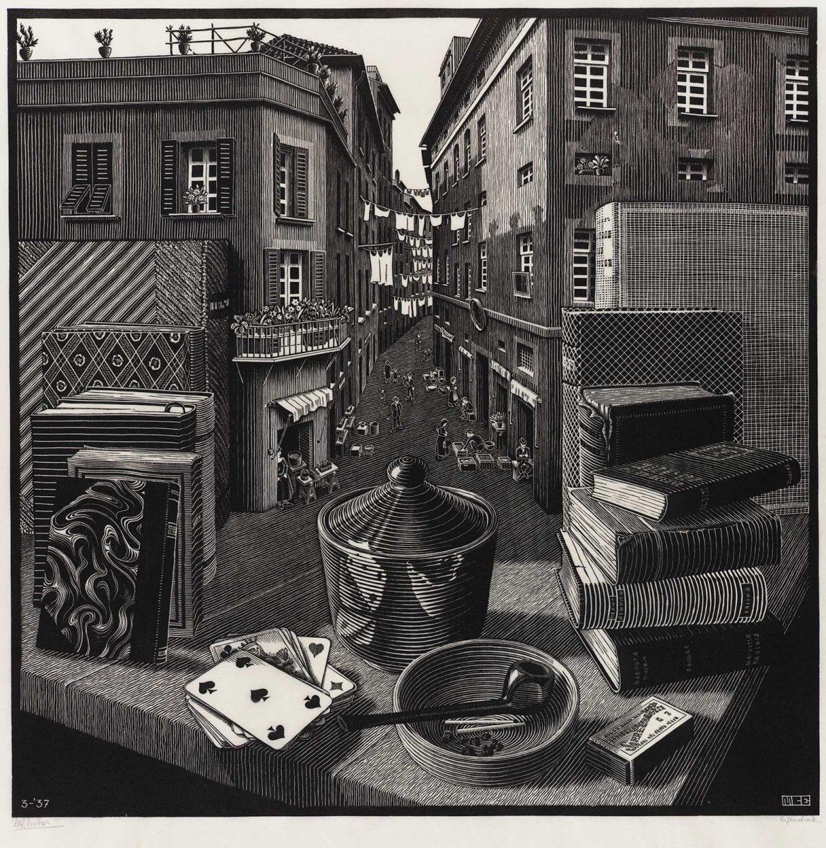 M.C. Escher, Stilleven en straat, houtsnede, maart 1937