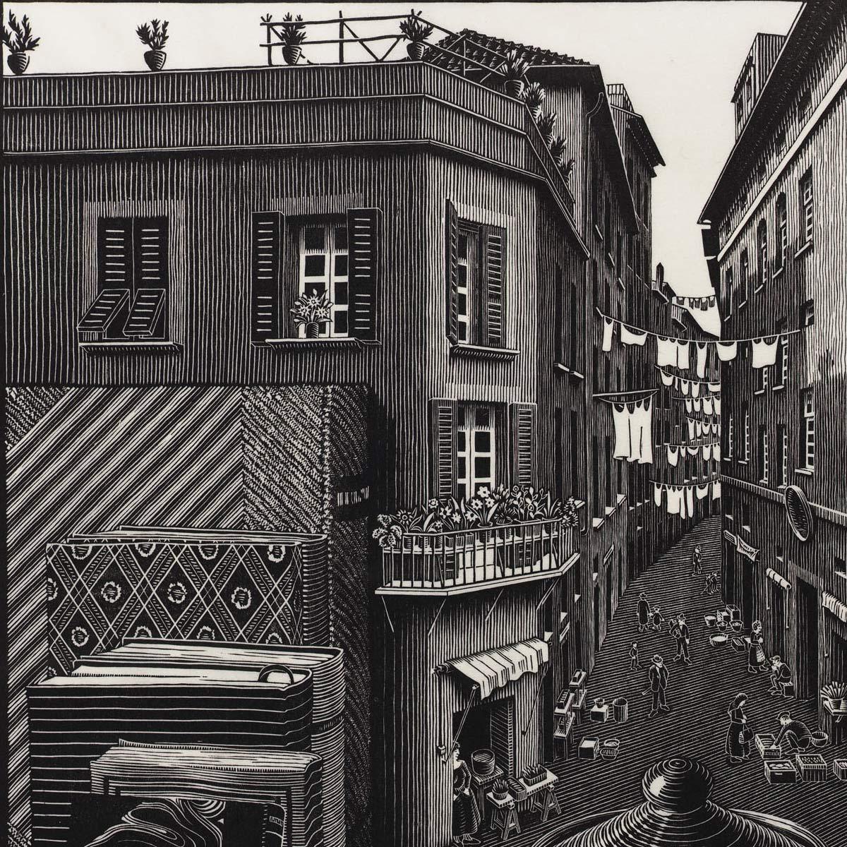 M.C. Escher, Stilleven en straat, houtsnede, maart 1937 (detail)