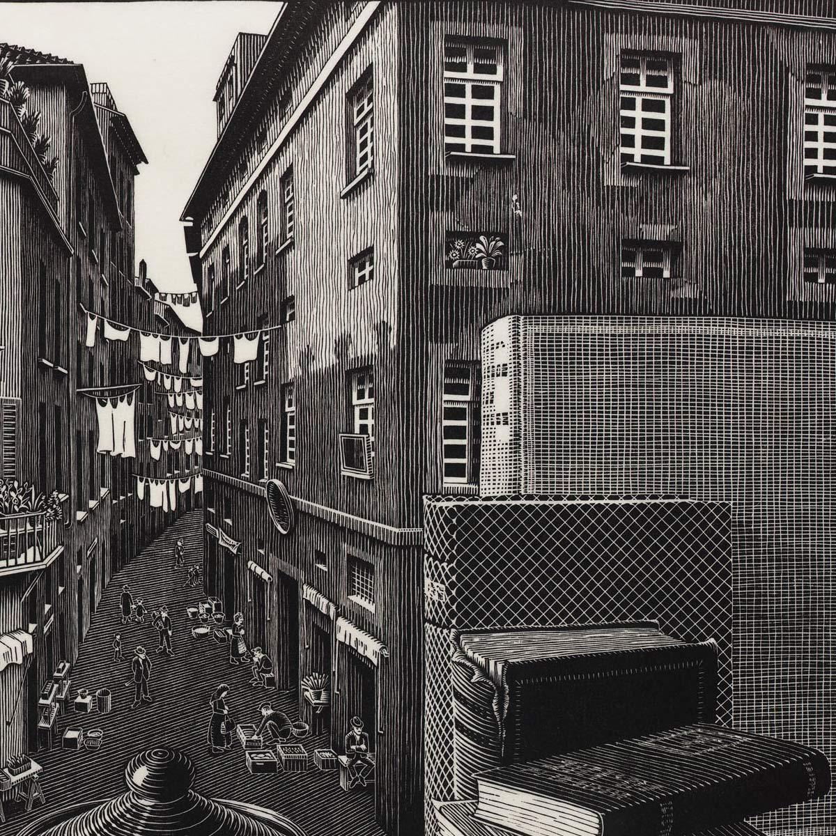 M.C. Escher, Stilleven en straat, houtsnede, maart 1937 (detail)