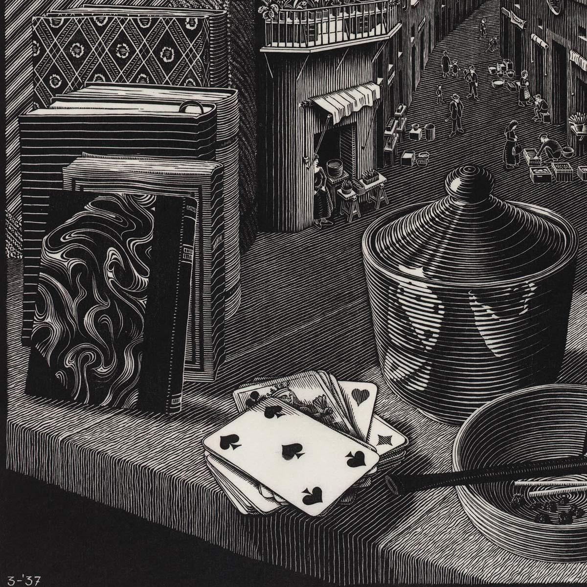M.C. Escher, Stilleven en straat, houtsnede, maart 1937 (detail)